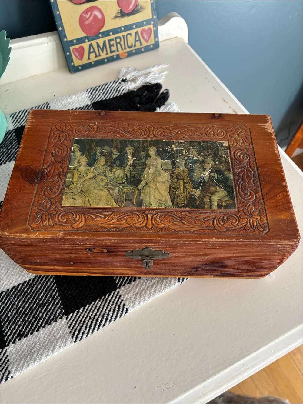 Wooden Decorative Jewelry Box with Vintage Scene - Brown
